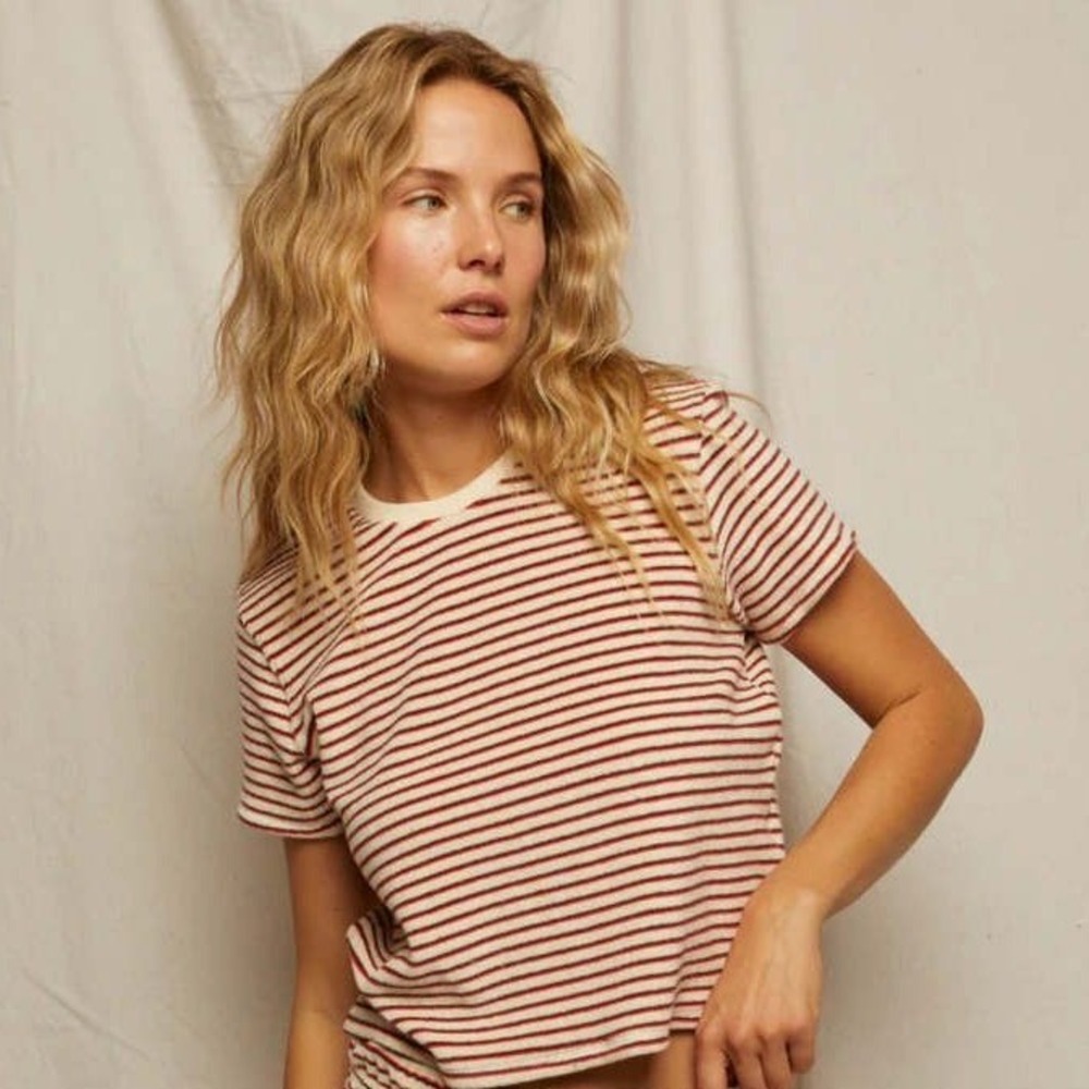 Perfectwhitetee Bree Terry Cloth Striped Crew Neck Top Red Cream Size S